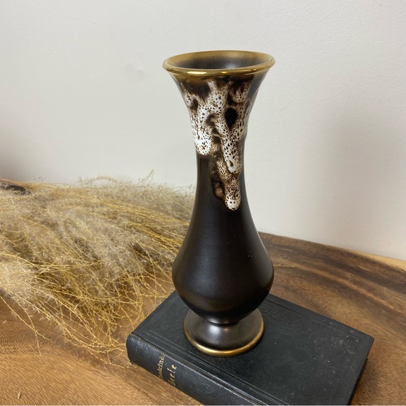 Mid Century German Ceramic Vase, Lava Drip Glaze Brown